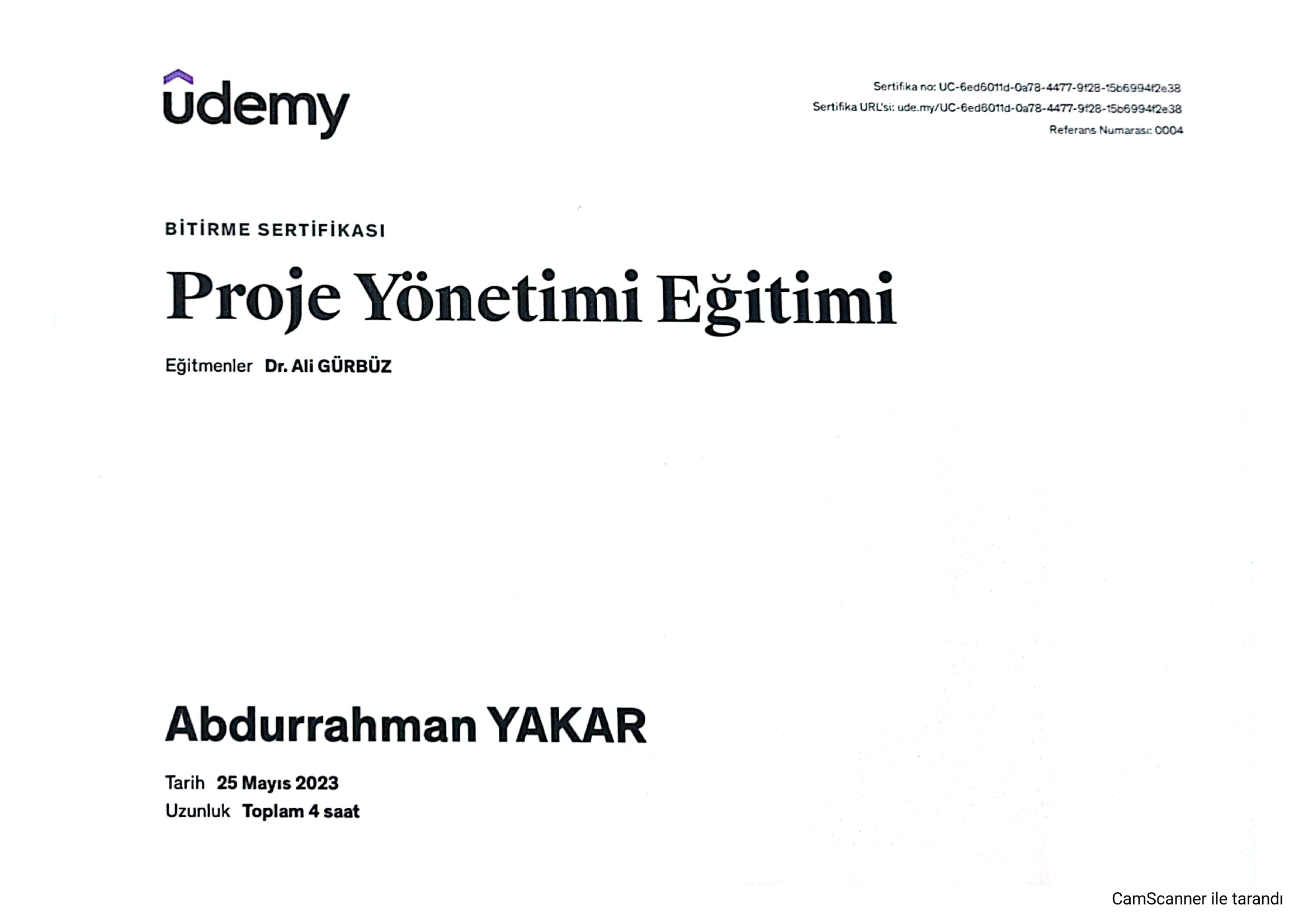 Proje Yönetimi Eğitimi Sertifika Önizleme