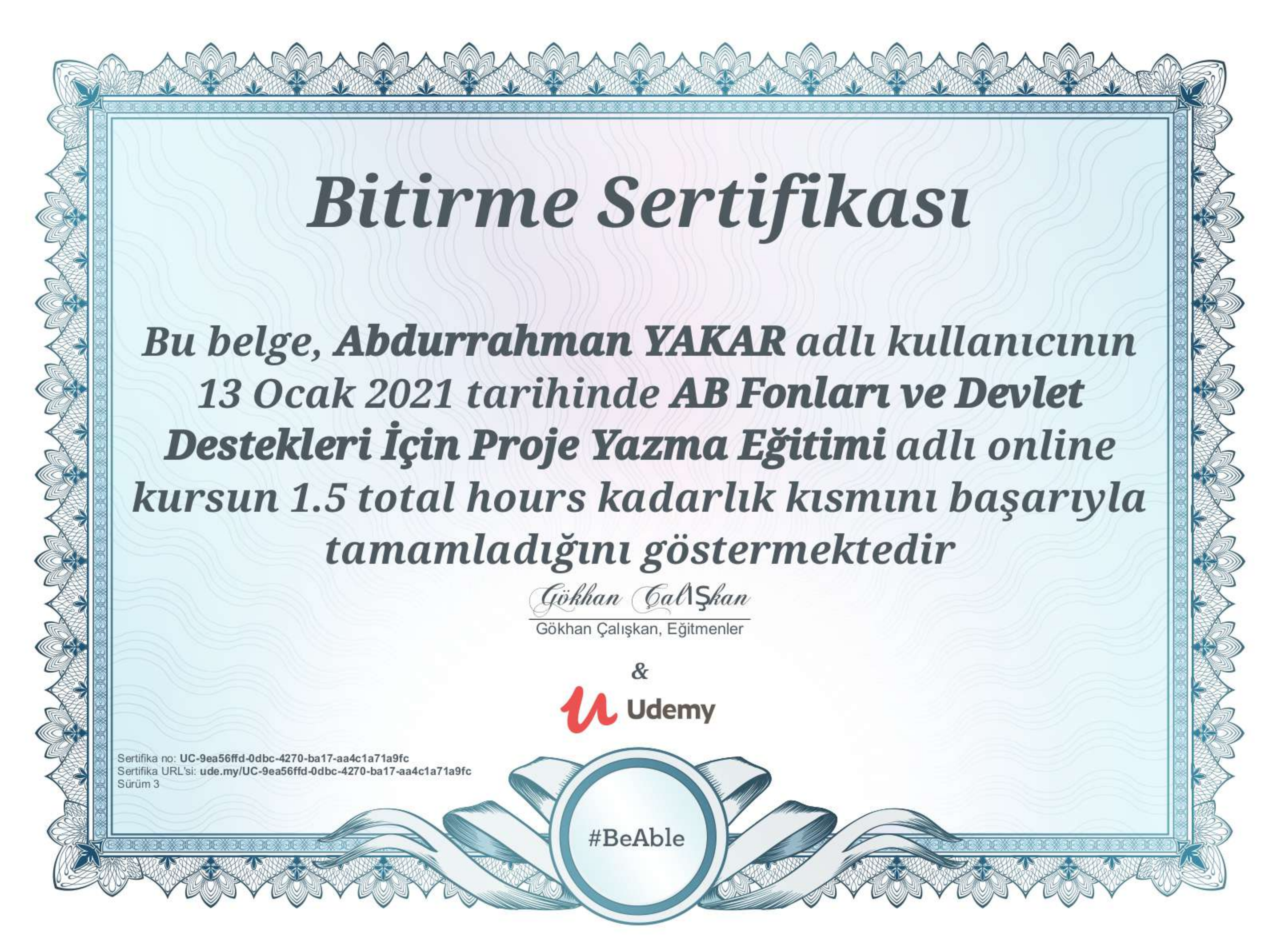 AB Fonları ve Devleri Destekleri İçin Proje Yazma Eğitimi Sertifika Önizleme