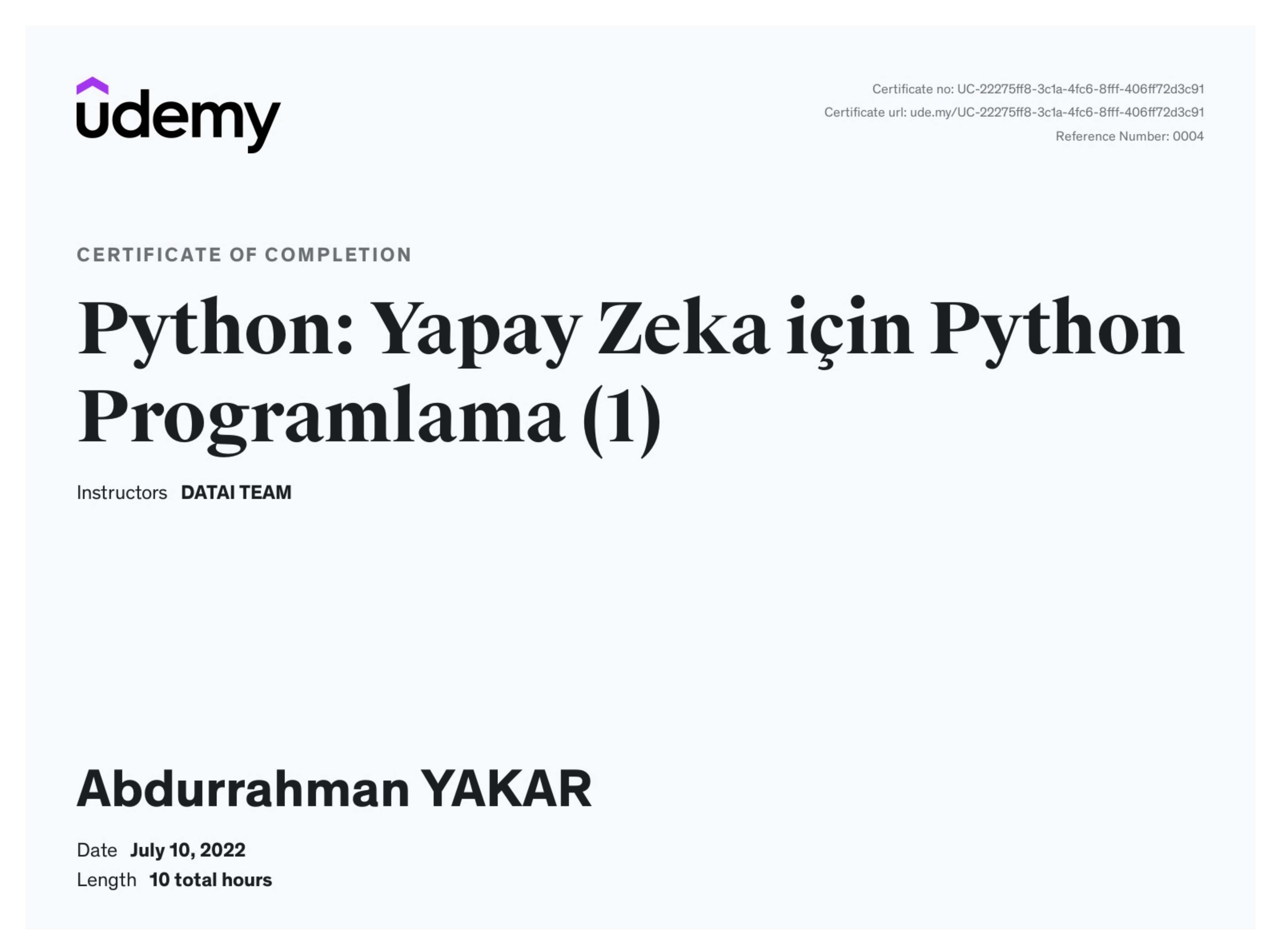 Deep Learning ve Python: A'dan Z'ye Makine Öğrenmesi Sertifika Önizleme