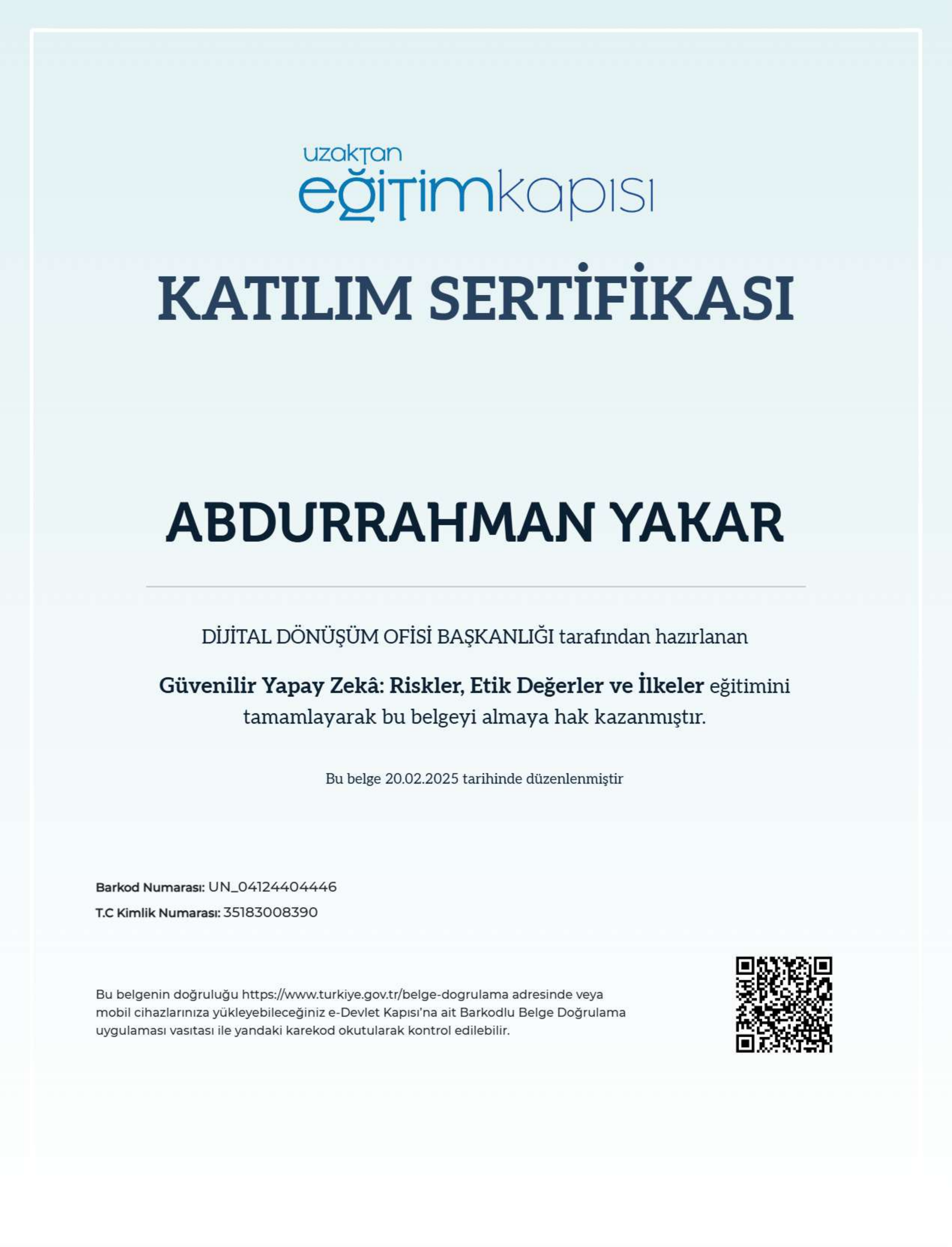 Güvenilir Yapay Zekâ: Riskler, Etik Değerler ve İlkeler Sertifika Önizleme