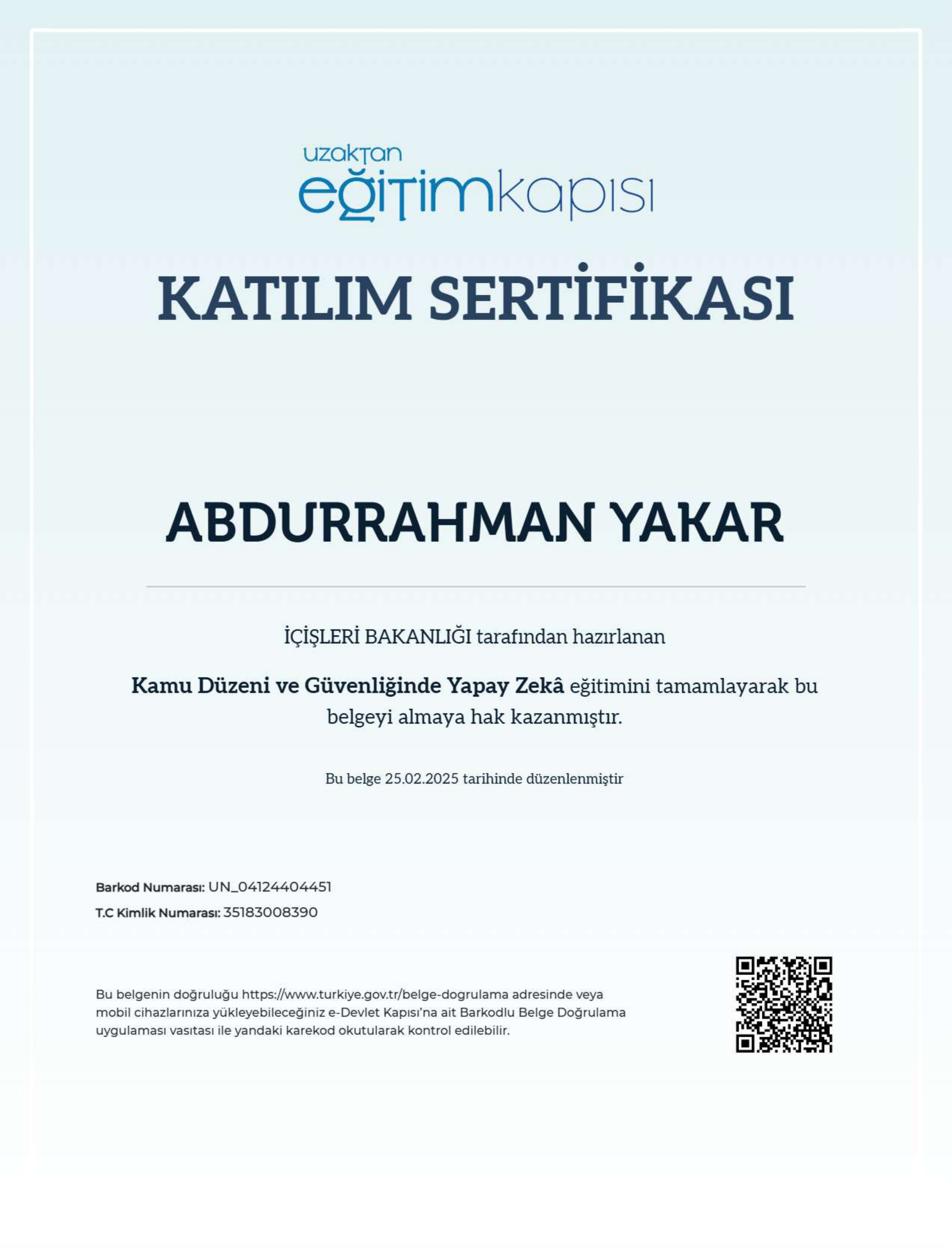 Kamu Düzeni ve Güvenliğinde Yapay Zeka Sertifika Önizleme