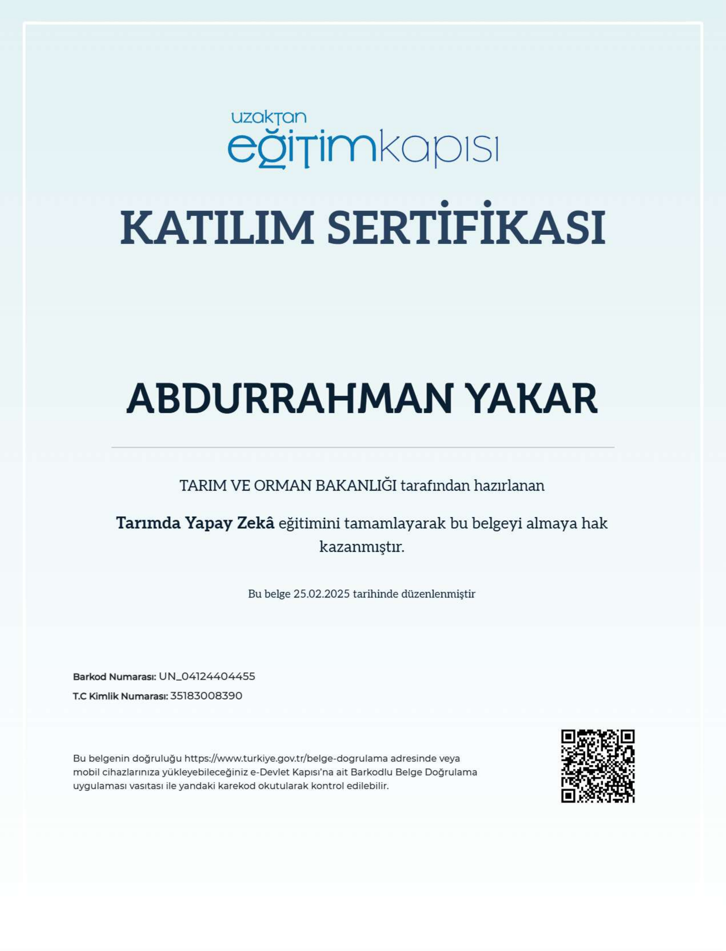 Tarımda Yapay Zeka Sertifika Önizleme