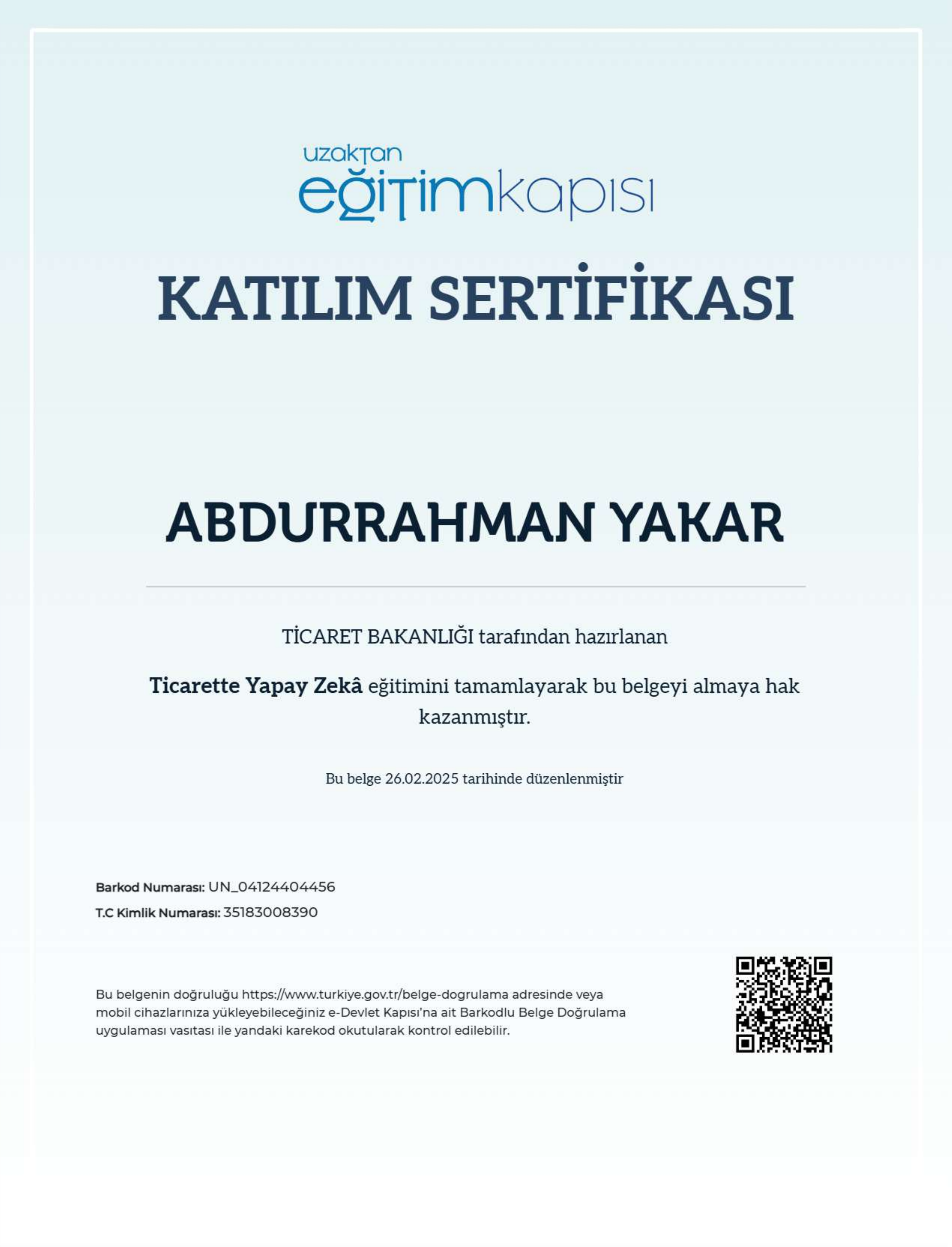 Ticarette Yapay Zeka Sertifika Önizleme