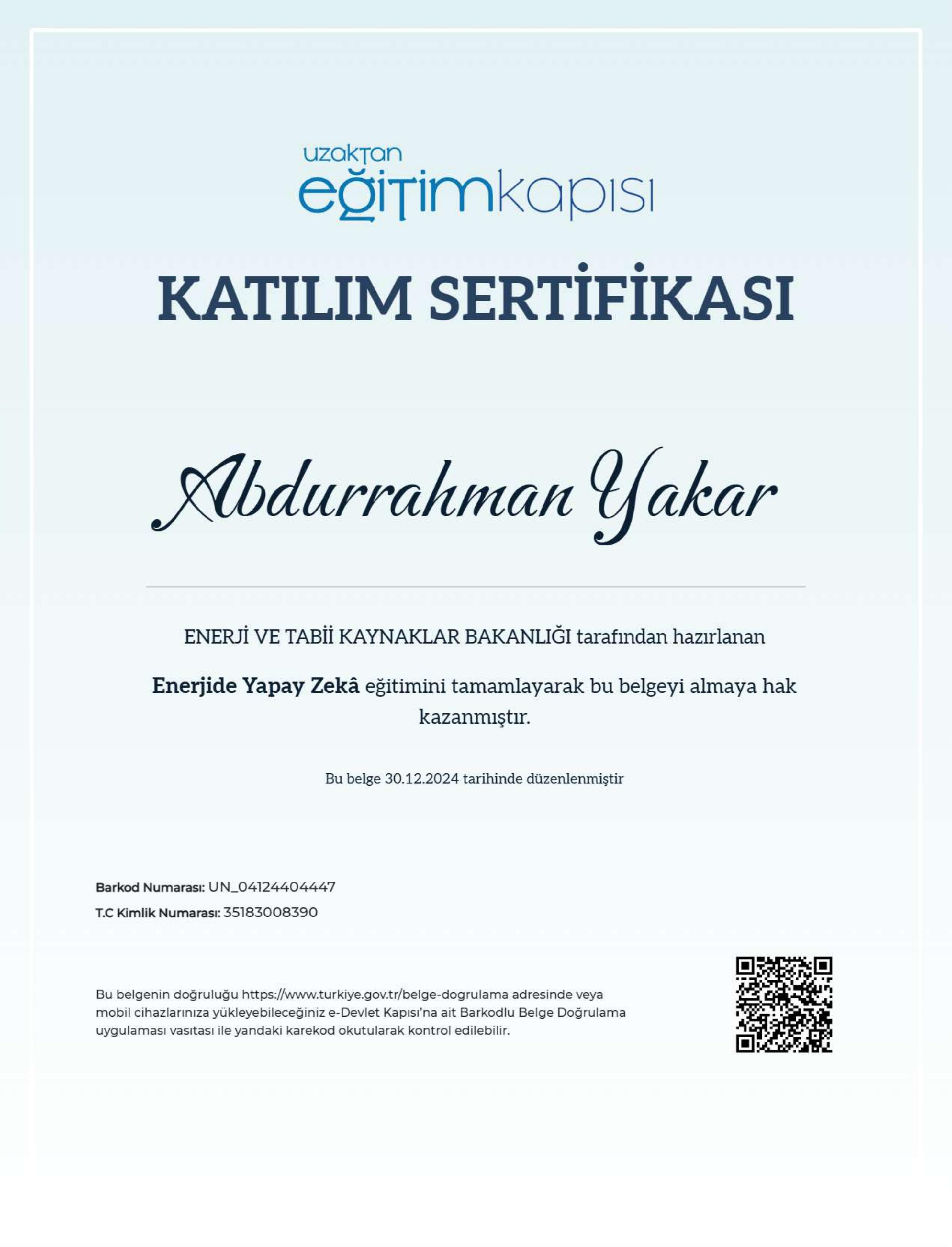 Enerjide Yapay Zeka Sertifika Önizleme