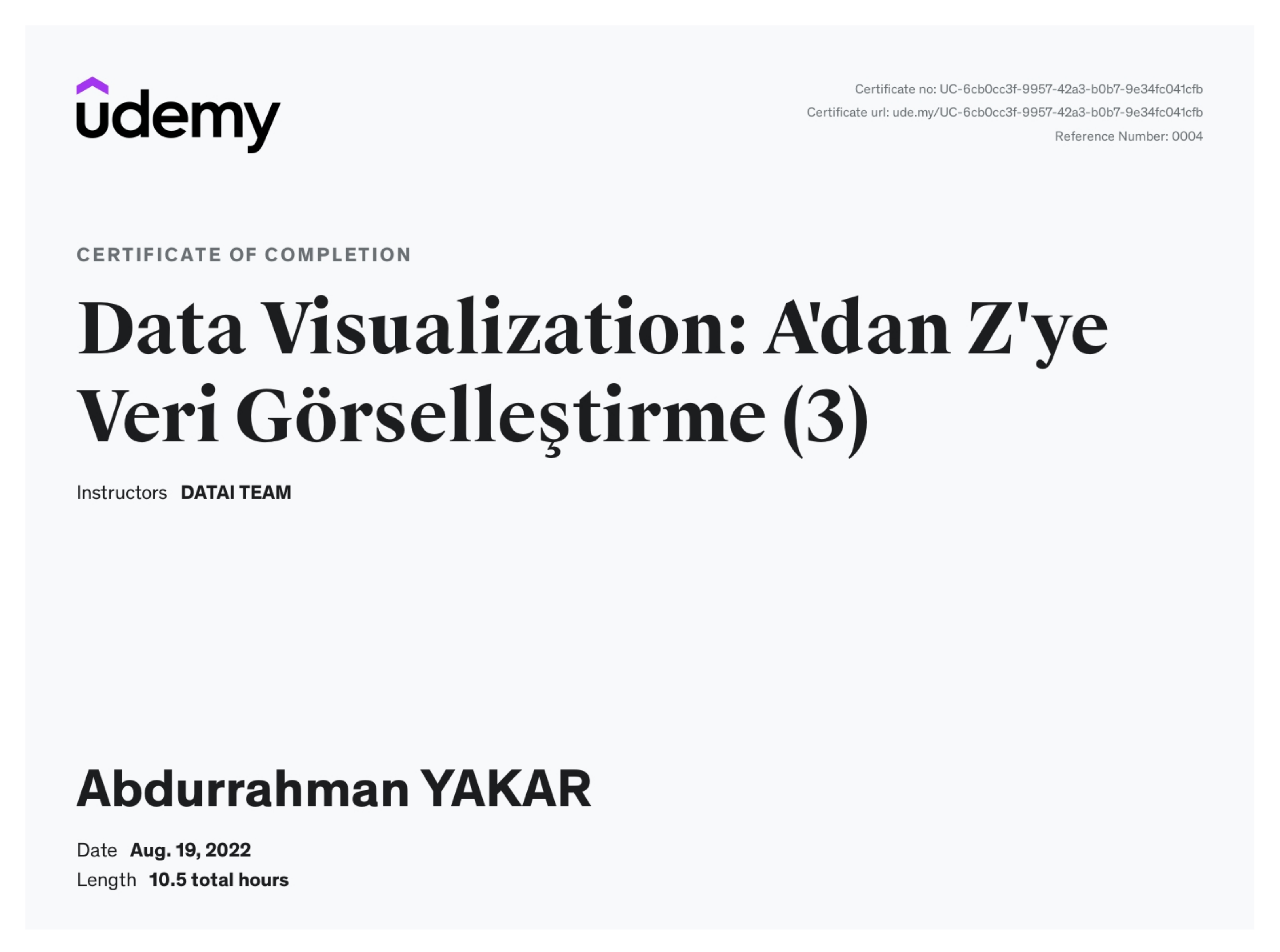 Data Visualization: A'dan Z'ye Veri Görselleştirme Sertifika Önizleme