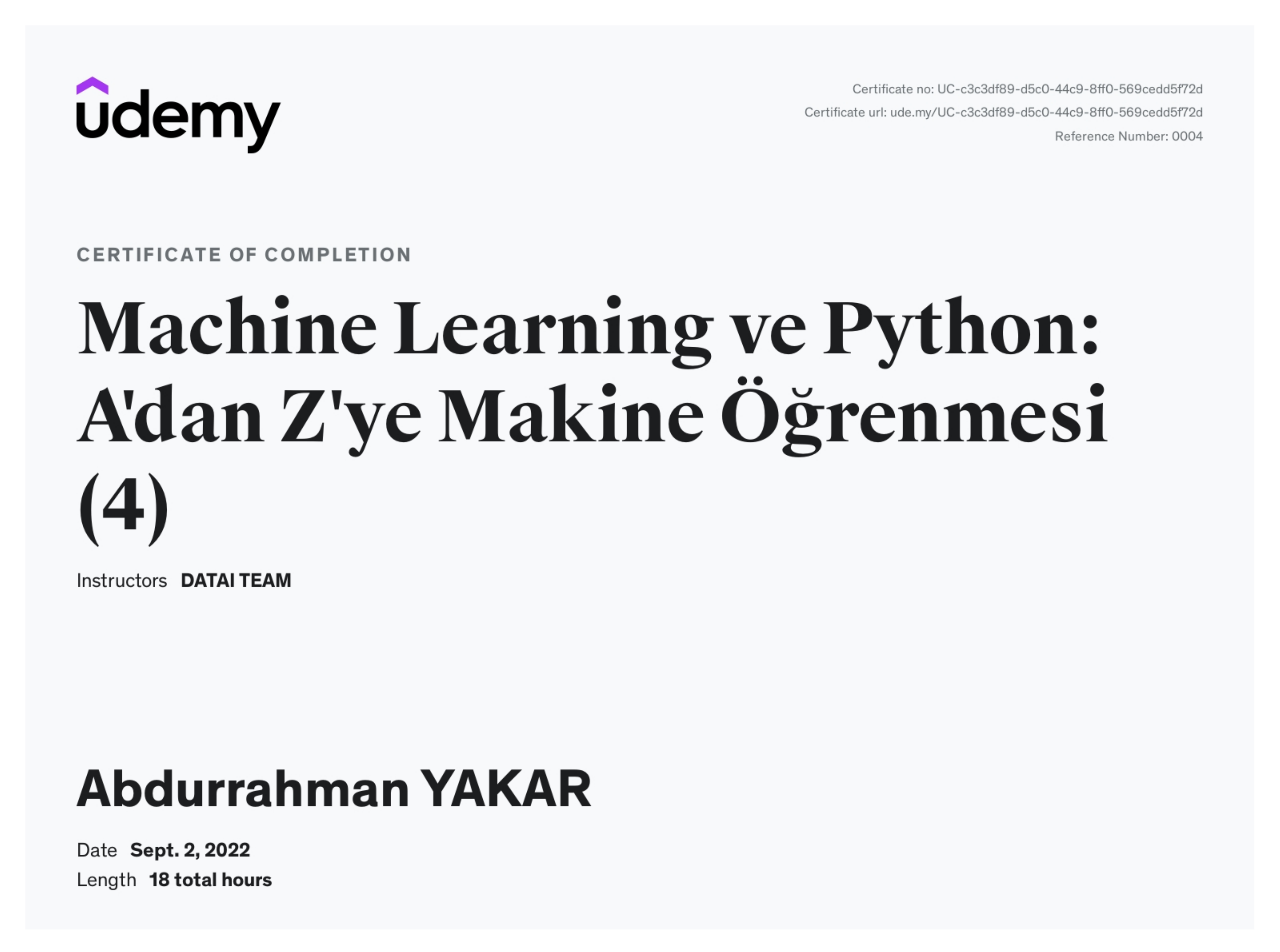 Machine Learning ve Python: A'dan Z'ye Makine Öğrenmesi Sertifika Önizleme