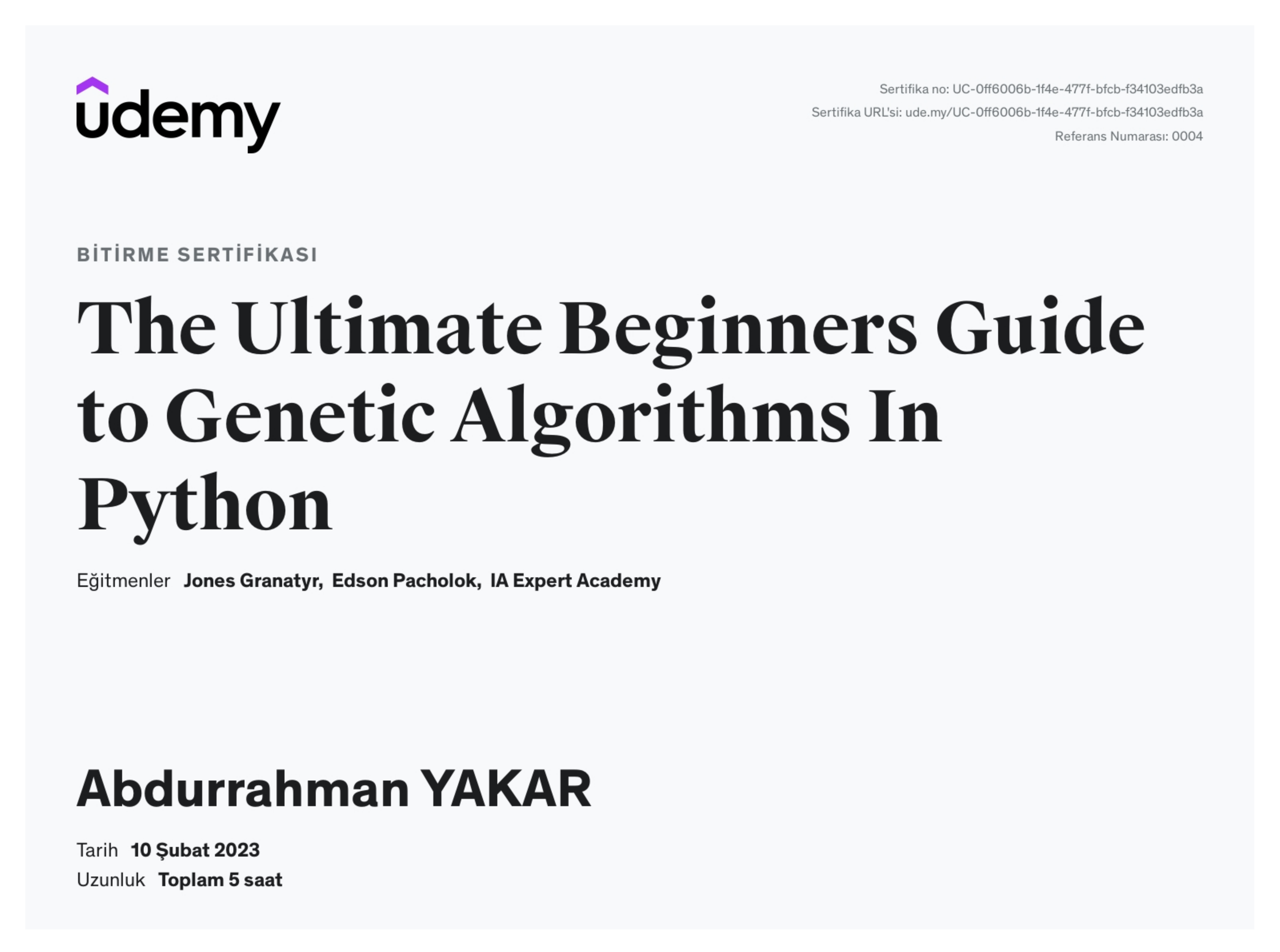 The Ultimate Beginners Guide to Genetic Algorithms In Python Sertifika Önizleme