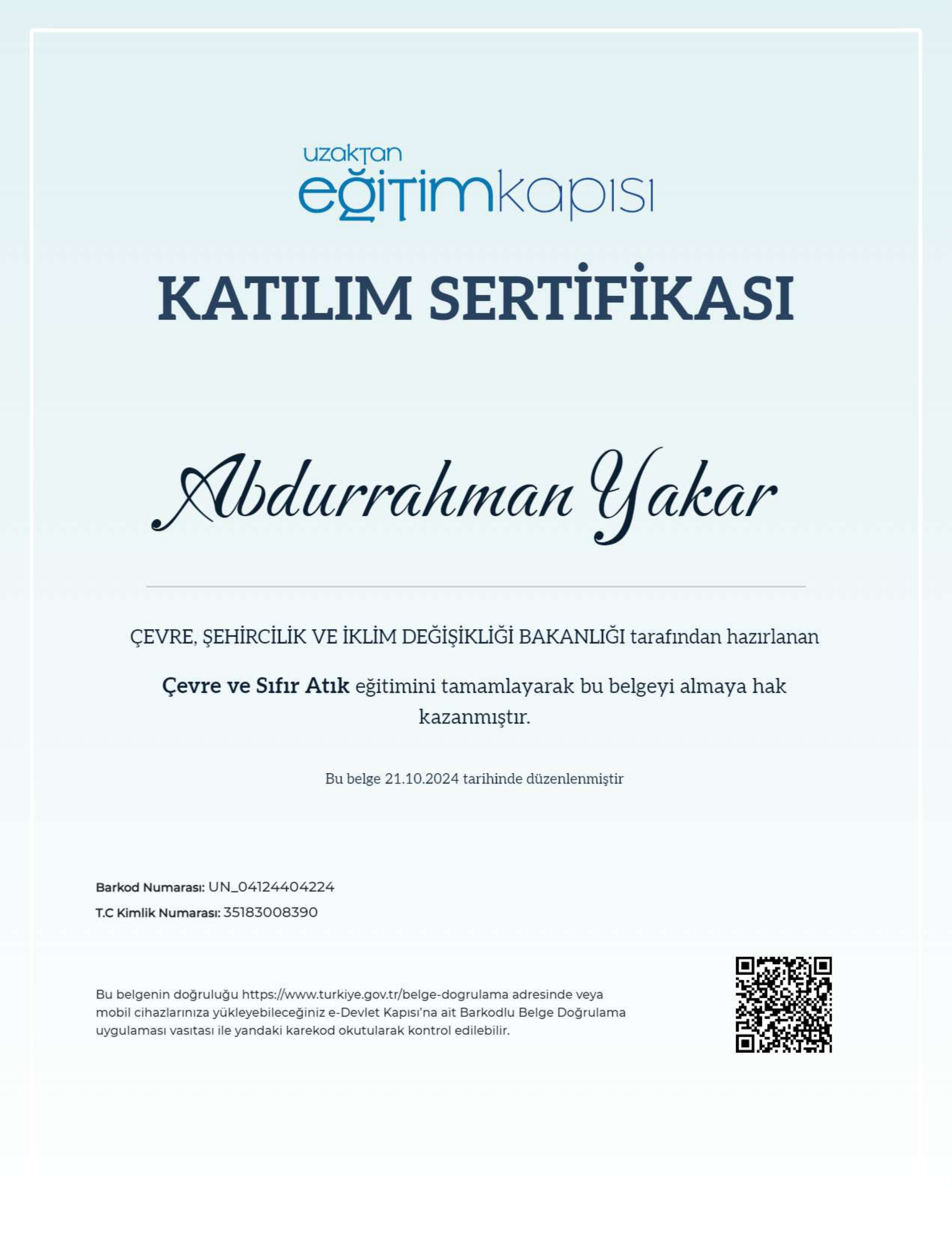 Çevre ve Sıfır Atık Sertifika Önizleme